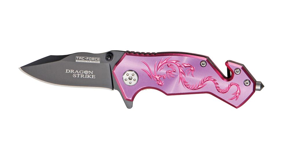 Tac Force Dragon Strike A/O Fold Knife, black coated HC steel blade, Pink anodized Alum. handle TF686PE