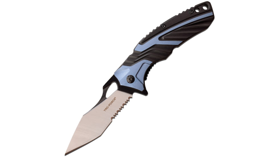 TAC Force Linerlock A/O Blue/Black Folding Knife, 3.5 two-tone finish partially serrated 3Cr13 stai, Black and blue aluminum handle, TF-1029BBL