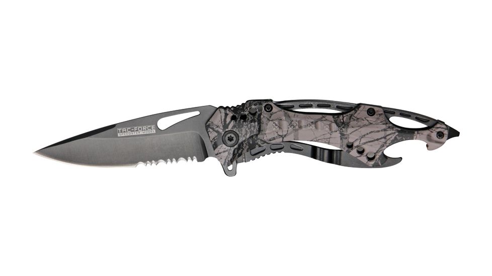Tac Force Linerlock Fold Knife 3 3/8in., HC SS PS drop point blade, Gray camo handle TF705FC