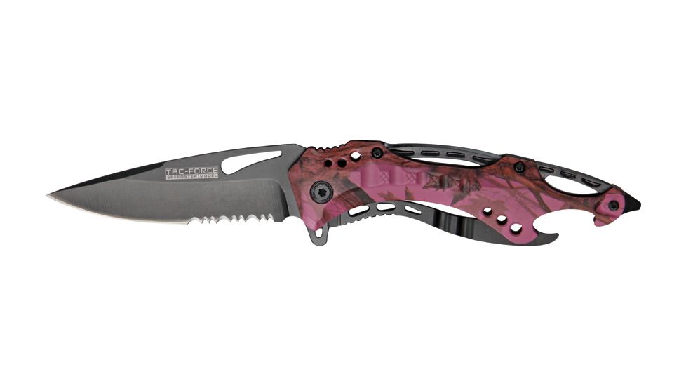 Tac Force Linerlock Fold Knife 3 3/8in., HC SS PS drop point blade, Pink camo handle TF705PC