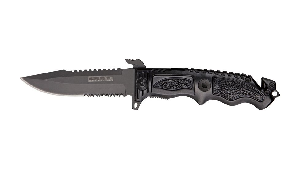 Tac Force Rescue A/O Lock Fold Knife, 3 7/8, black HC steel A/O PS blade w/ sawback, Black fingergrooved anodized Alum. handle TF711BK