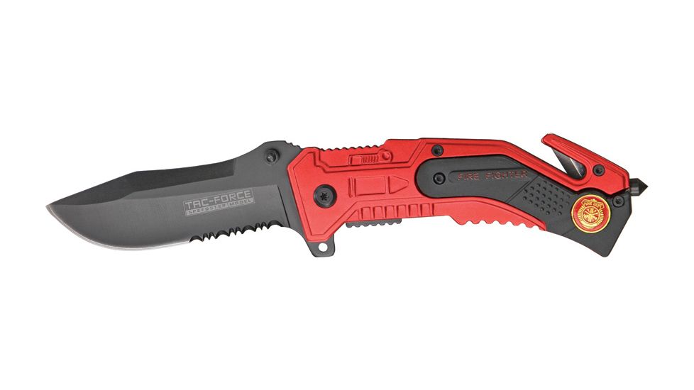 Tac Force Rescue Lock A/O Fold Knife 4.50in., PS black SS A/O blade, Red Alum. handles w/ black trim etched TF688FD