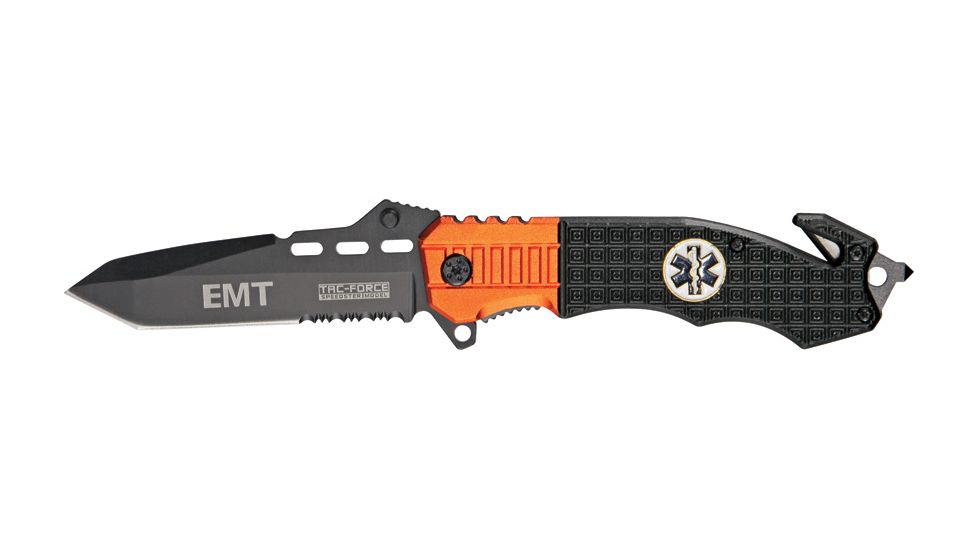 Tac Force Speed Rescue Fold Knife 5in, black SS PS A/O blade, Black Comp. handles w/ orange Alum. trim TF740EM