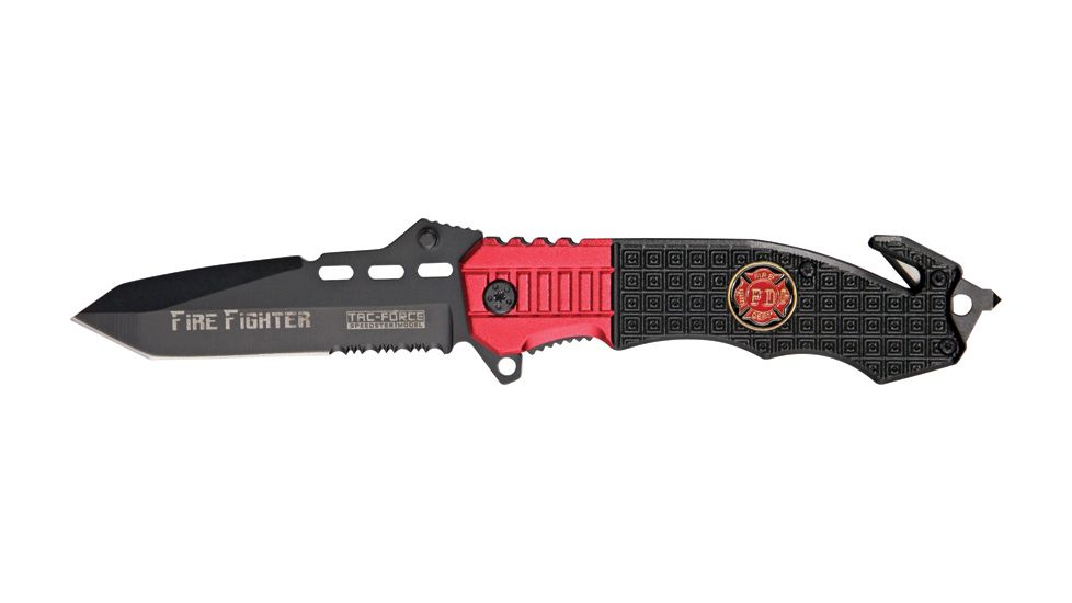 Tac Force Speed Rescue Fold Knife 5in, black SS PS A/O blade, Black Comp. handles w/ red Alum. trim TF740FD