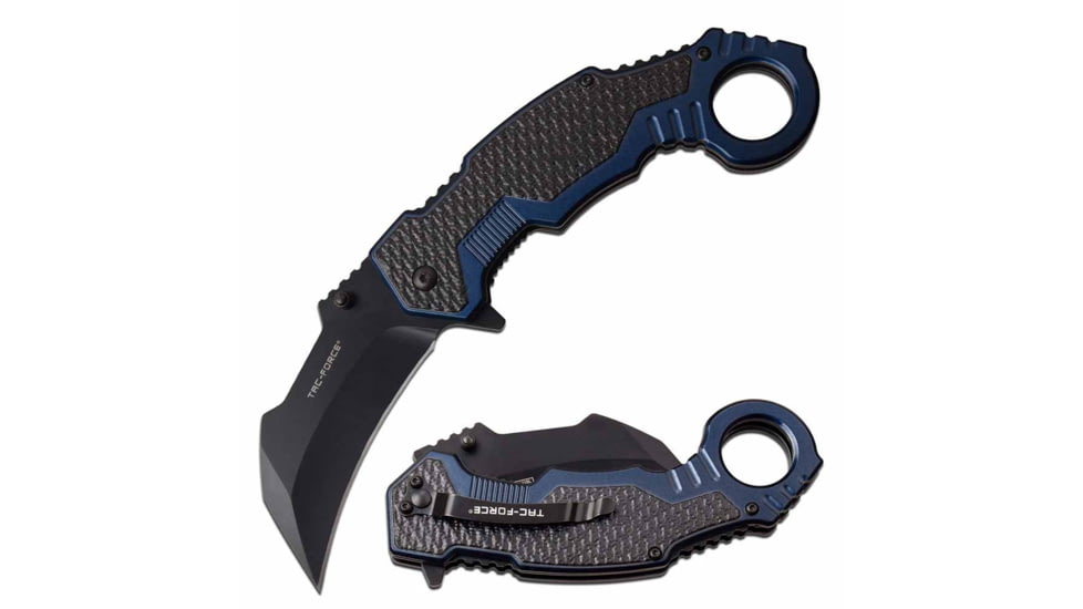 TAC Force TF-1001BL Spring Assisted Knife, 3in, 3CR13 Stainless Steel, Karambit, Black Blade, Aluminum Handle, Blue, TF-1001BL