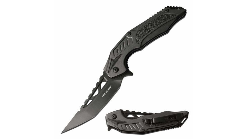 TAC Force TF-1003GY Spring Assisted Knife, 3.6in, 3CR13 Stainless Steel, Tanto, Black Blade, Aluminum Handle, Gray/Black, TF-1003GY
