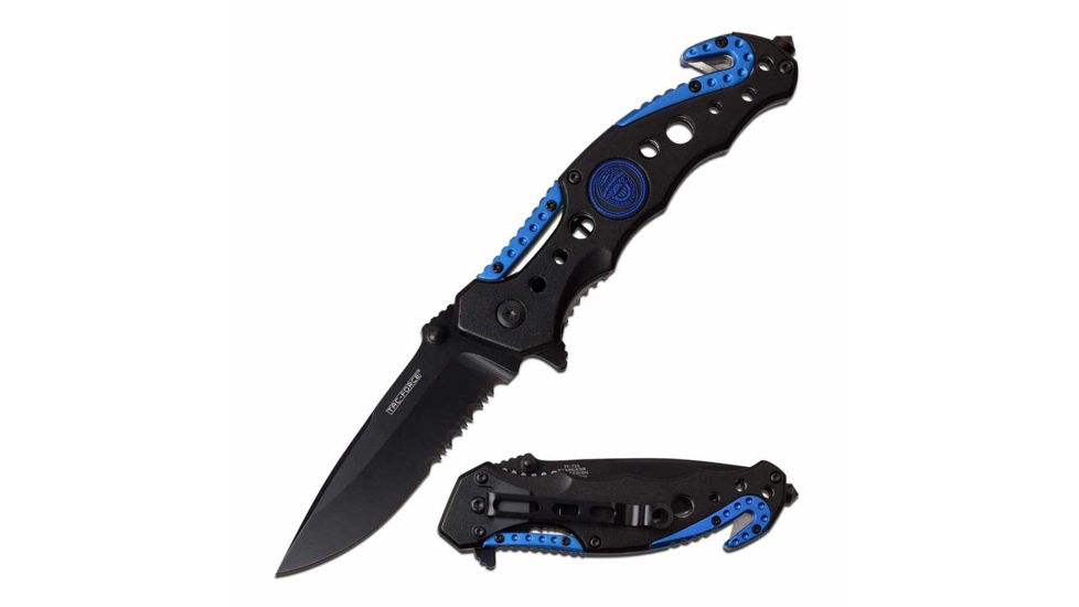 TAC Force TF-723BL Spring Assisted Knife, 3.25in, Stainless Steel, Drop Point, Half-Serrated, Black Blade, Aluminum Handle, Black/Blue, TF-723BL