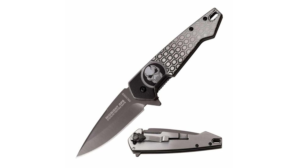 TAC Force TF-951GY Spring Assisted Knife, 3.25in, 3CR13 Stainless Steel, Drop Point, Gray Blade, Stainless Steel Handle, Gray, TF-951GY