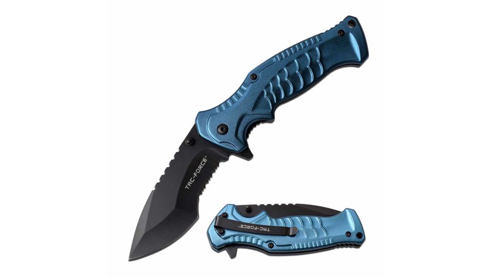 TAC Force TF-993BL Spring Assisted Knife, 3.5in, 3CR13 Stainless Steel, Recurved, Half-Serrated, Black Blade, Aluminum Handle, Blue, TF-993BL