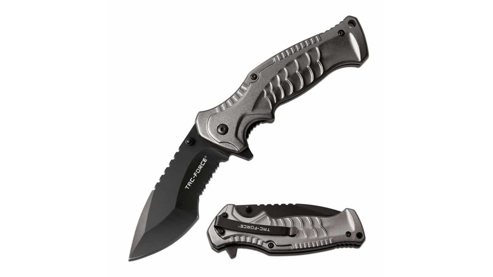 TAC Force TF-993GY Spring Assisted Knife, 3.5in, 3CR13 Stainless Steel, Recurved, Half-Serrated, Black Blade, Aluminum Handle, Gray, TF-993GY