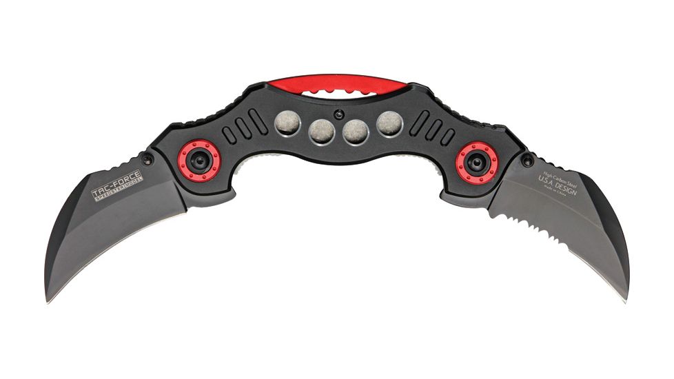 Tac Force Twin Blade A/O Knife, black HC steel A/O hawkbill blade, Black anodized Alum. handle TF669BK