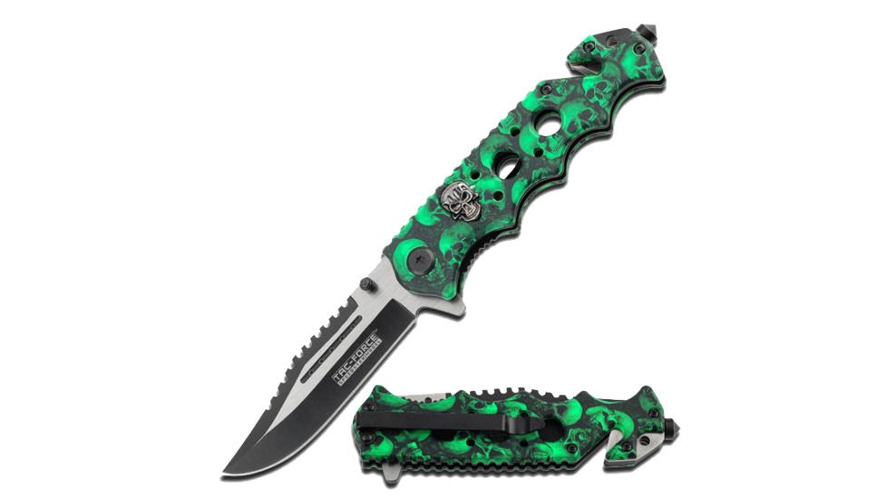 TAC Force Two Tone 440 SS Blade Skull Knife, Green TF 809GN