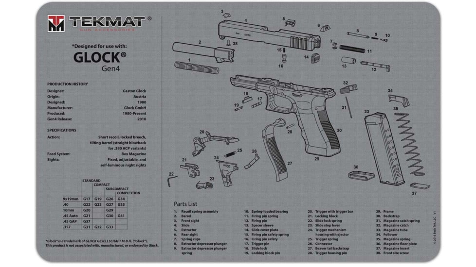 Tekmat Armorers Bench Mat 11x17 Glock Generation 4, TEKTEKR17GLOCKG4GY