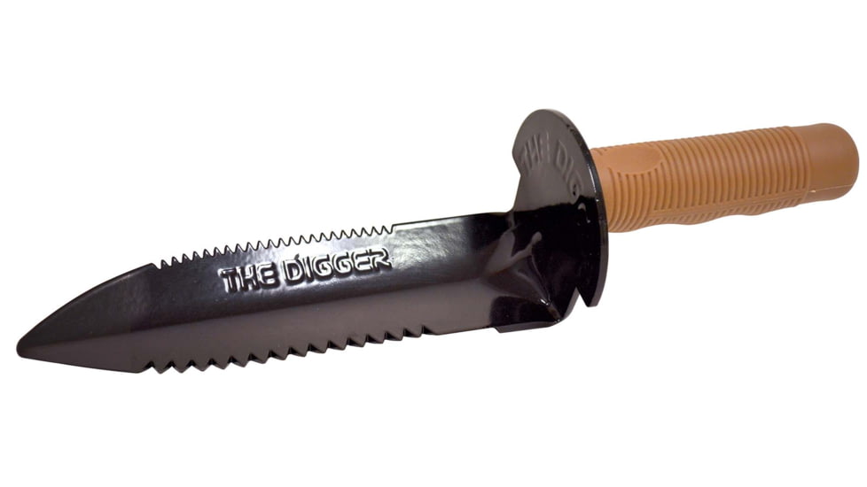 Teknetics DIGGER Digging Knife, Sheath &amp; Patch, 7.5in Blade Length, Brown Rubber Handle, Black Blade, DIGGER