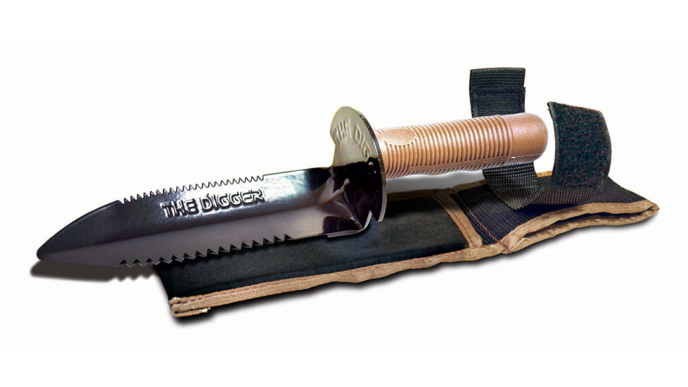 Teknetics DIGGER Digging Knife, Sheath &amp; Patch, 7.5in Blade Length, Brown Rubber Handle, Black Blade, DIGGER