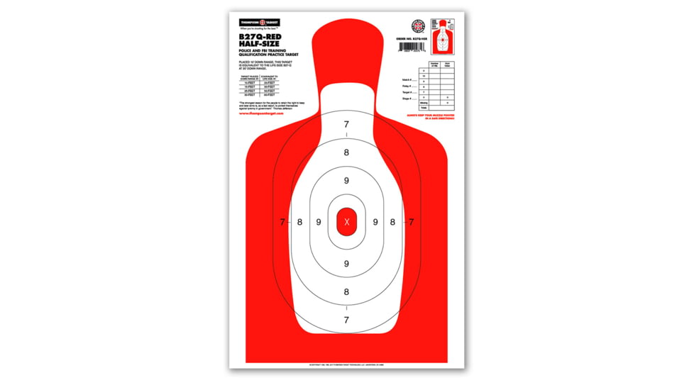 Thompson Target B27Q Red Half-Size 12.5x19in Human Silhouette Targets, 30 Pack, Red, Large, 0275-30