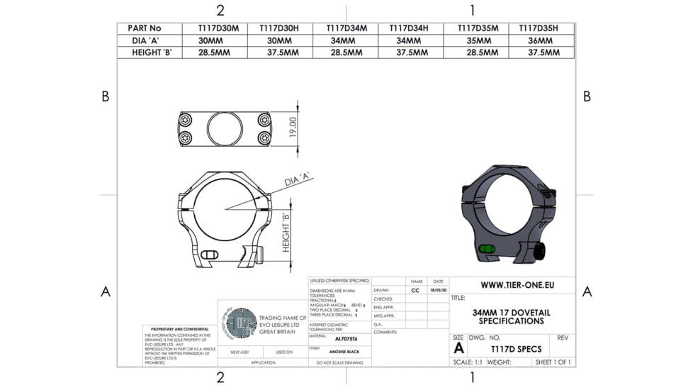 Tier One 17mm Dovetail Rings, Black, 30mm High, T117D30H