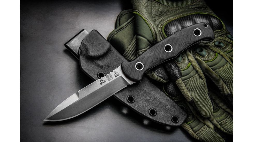 Tops Knives Al Mar Mini Sere Operator, Fixed Blade Knif, 4 in, Tumble Blade Finish, 154cm RC 58-60 Cryo Treated Steel, Black G10 Handle, AMAR-01