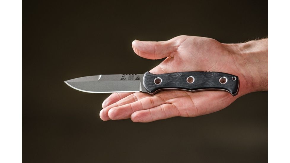 Tops Knives Al Mar Mini Sere Operator, Fixed Blade Knif, 4 in, Tumble Blade Finish, 154cm RC 58-60 Cryo Treated Steel, Black G10 Handle, AMAR-01