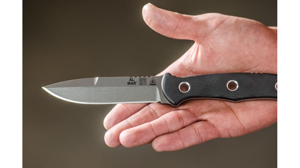 Tops Knives Al Mar Mini Sere Operator, Fixed Blade Knif, 4 in, Tumble Blade Finish, 154cm RC 58-60 Cryo Treated Steel, Black G10 Handle, AMAR-01