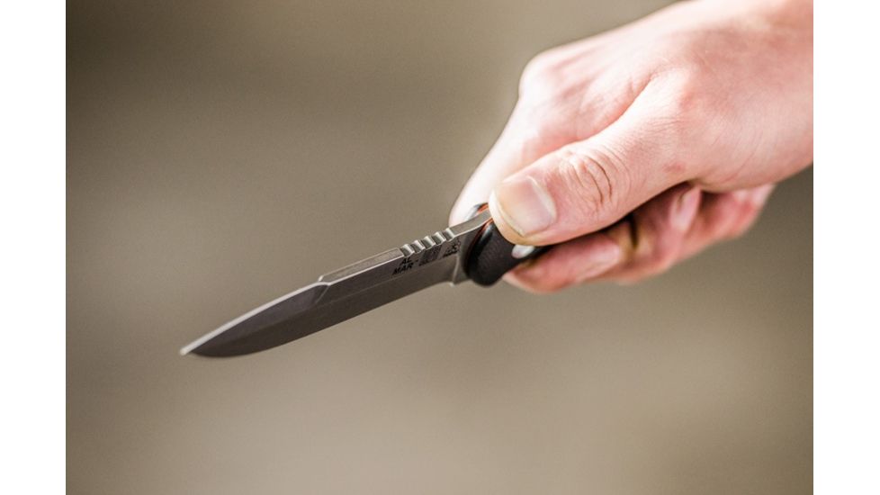 Tops Knives Al Mar Mini Sere Operator, Fixed Blade Knif, 4 in, Tumble Blade Finish, 154cm RC 58-60 Cryo Treated Steel, Black G10 Handle AMAR-01
