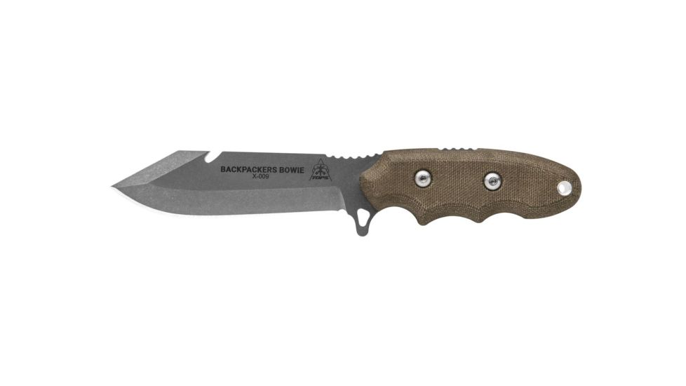 Tops Knives Backpacker's Bowie Fixed Blade Knife,4.5in,1095 RC 56-58 Steel,Tumble Blade,Green Canvas Micarta Handle, BPB-01