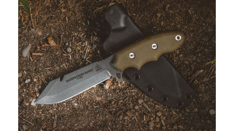 Tops Knives Backpacker's Bowie Fixed Blade Knife,4.5in,1095 RC 56-58 Steel,Tumble Blade,Green Canvas Micarta Handle, BPB-01