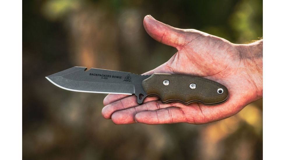 Tops Knives Backpacker's Bowie Fixed Blade Knife,4.5in,1095 RC 56-58 Steel,Tumble Blade,Green Canvas Micarta Handle, BPB-01