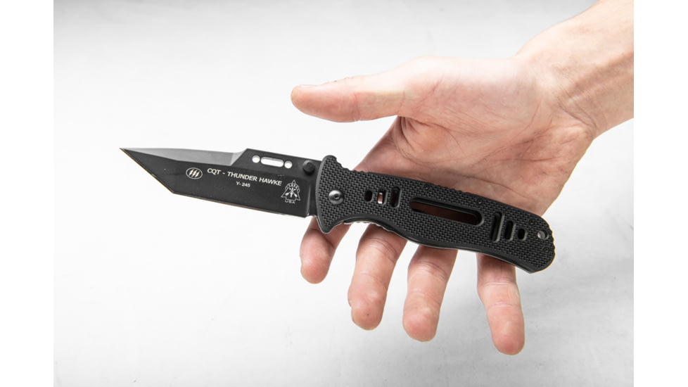 TOPS Knives CQT Thunder Hawke Folding Knive, 3.857in, Tanto, Black Teflon Finish, Black G10 Handle, CQT-THK-01