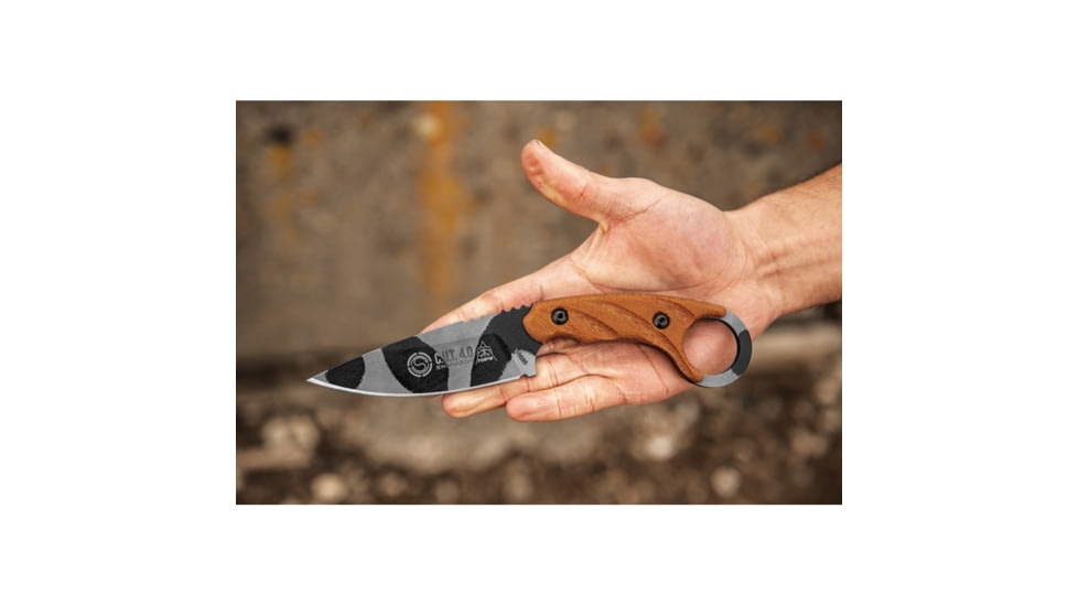 TOPS Knives CUT Combat Utility Tool Knife, 8.5in Overall, 4.25in Camo 1095Hc Steel Blade, Tan Canvas Micarta Handle, Finger Ring, Dragonfly Tread Handle, Black Kydex Sheath, CUT-40-CAMO