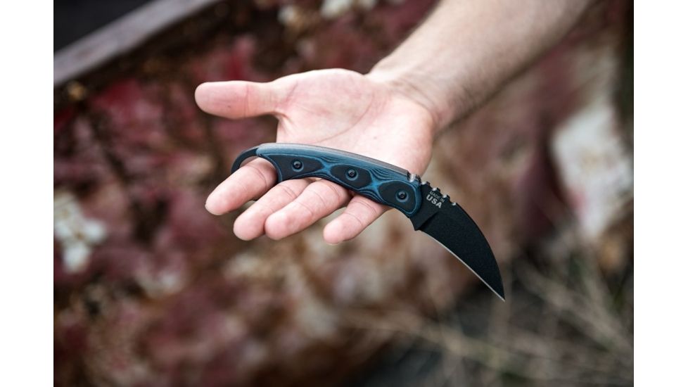 TOPS Knives Devil's Claw 2 Fixed Blade Knife, 3.13in, 1095 Carbon Steel Blade, Blue/Black G10 Handle, DEVCL-02