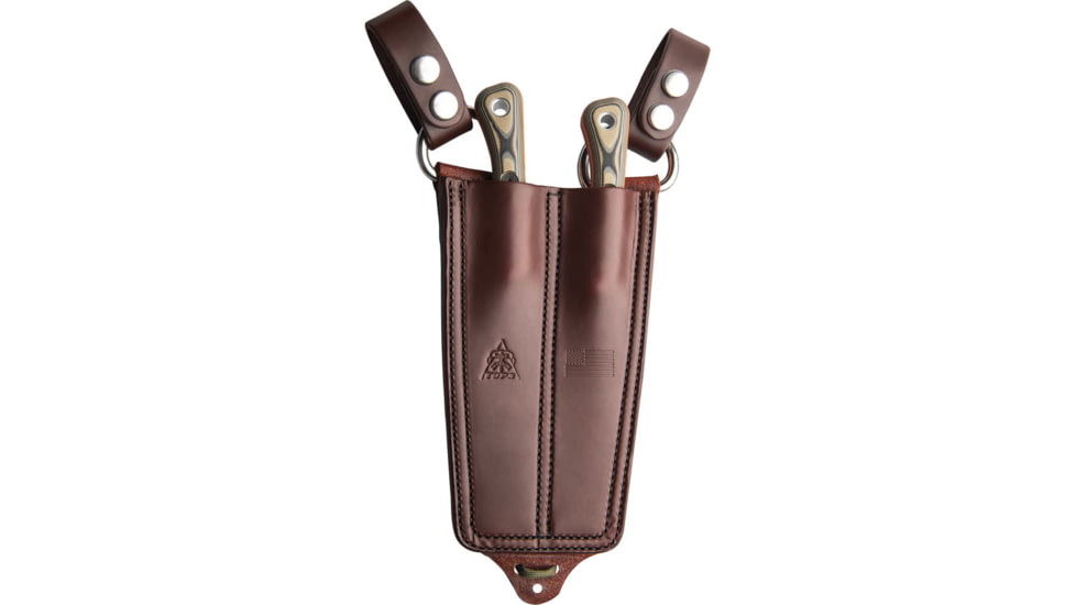 TOPS Knives Muley Combo Knife w/ Leather Sheath, 9.25in Overall, 4.75in Tumbled 154CM Saw/Drop Point Skinner Blade, Black/Tan G10 Handle, Brown Leather Sheath, MCMB-01