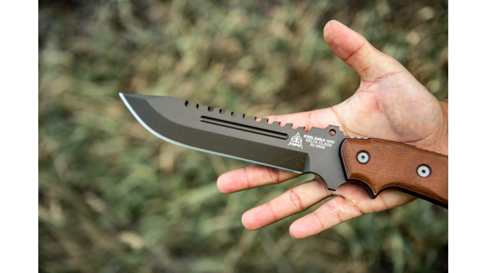 Tops Knives Steel Eagle 107C Delta Class, Fixed Blade Knif, 7.63 in, Midnight Bronze Blade, 1095 RC 56-58 Steel, Tan/Black Canvas Micarta Handle, SE107C-2DC