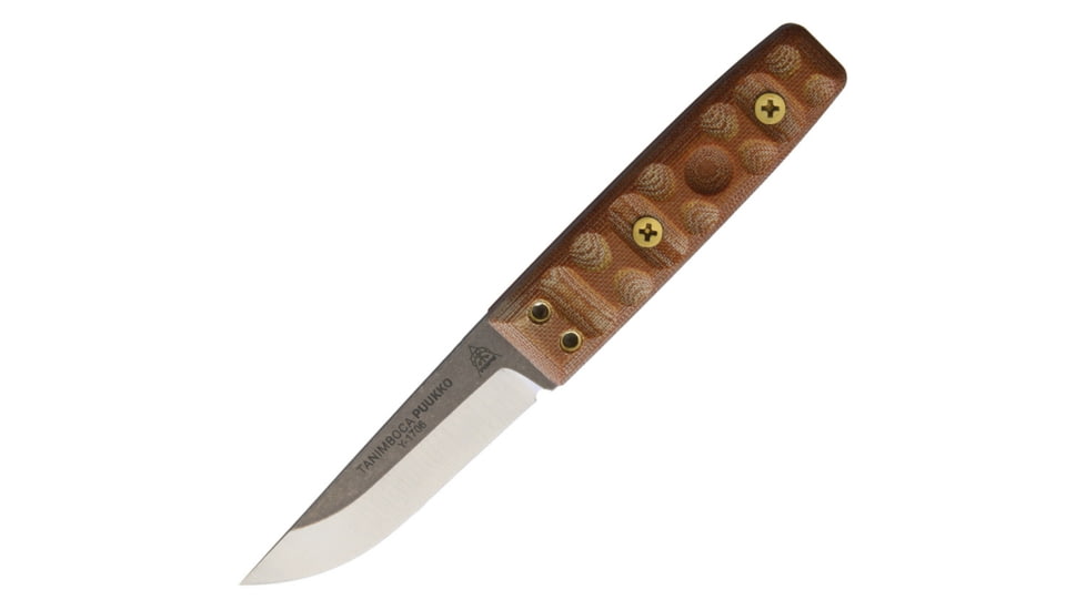 TOPS Knives Tanimboca Puukko Knife, 7.75in Overall, 3.5in Tumbled Finish 1095Hc Steel Blade, Tan Canvas Micarta Handle, Rocky Mountain Tread Handle, Brown Leather Sheath, TPUK-01-RMT