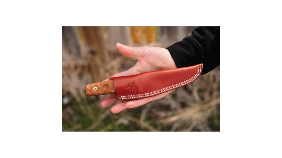 TOPS Knives Tanimboca Puukko Knife, 7.75in Overall, 3.5in Tumbled Finish 1095Hc Steel Blade, Tan Canvas Micarta Handle, Rocky Mountain Tread Handle, Brown Leather Sheath, TPUK-01-RMT