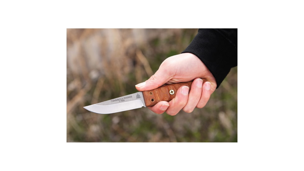 TOPS Knives Tanimboca Puukko Knife, 7.75in Overall, 3.5in Tumbled Finish 1095Hc Steel Blade, Tan Canvas Micarta Handle, Rocky Mountain Tread Handle, Brown Leather Sheath, TPUK-01-RMT