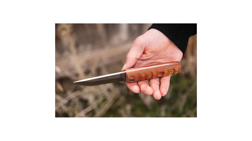 TOPS Knives Tanimboca Puukko Knife, 7.75in Overall, 3.5in Tumbled Finish 1095Hc Steel Blade, Tan Canvas Micarta Handle, Rocky Mountain Tread Handle, Brown Leather Sheath, TPUK-01-RMT