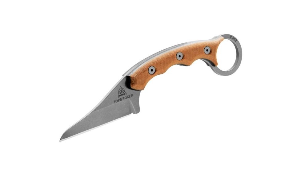 TOPS Knives TOPS Poker Fixed Blade Knife, 2.5in, 1095 RC 56-58 Steel, Tan Canvas/Black Canvas Micarta Handle, TPKR-03