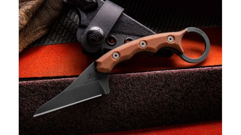 TOPS Knives TOPS Poker Fixed Blade Knife, 2.5in, 1095 RC 56-58 Steel, Tan Canvas/Black Canvas Micarta Handle, TPKR-03