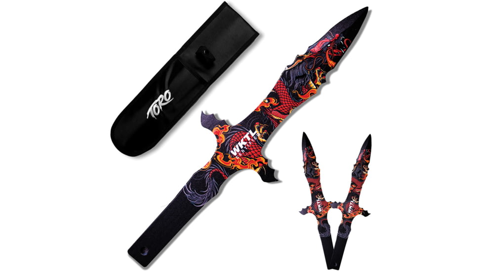 Toro Knives Grito Fire Throwing Knives, 14.25in Overall, 3in Black Powder 3Cr13 Blade, Fire Dragon Artwork SS Handle, Nylon Sheath, 73