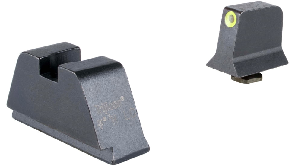 Trijicon Suppressor/Optic Height Sight Set, Yellow Front/Metal Rear &amp; Green Lamp, Glock 17, 17L, 19, 22 - 28, 31 - 35, 37 - 39, 45, Black, 601139
