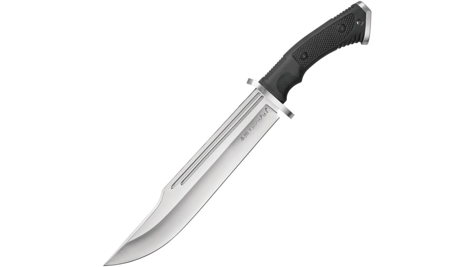 United Cutlery Honshu Conqueror Bowie Knife, 16.5in Overall, 10.88in Satin 7Cr17Mov SS Clip Point Blade, Black Textured Tpr Handle, SS Guard, Black Leather Sheath, UC3321
