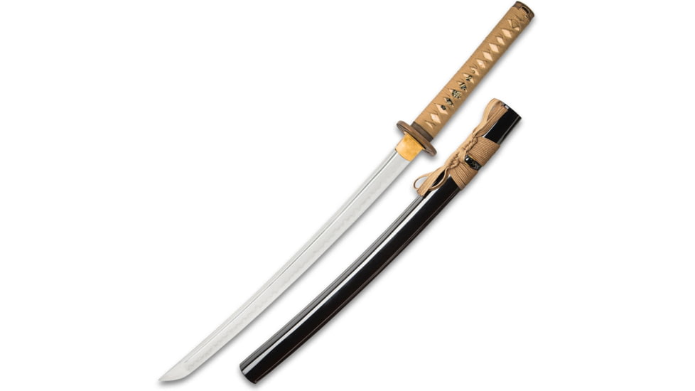 United Cutlery Shikoto Samurai Wakizashi Knife, 19.75 blade, Hardwood handle wrapped in tea-colored rayskin and, UC3436