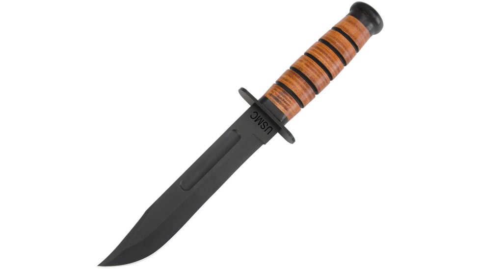 United Cutlery USMC Combat Fighting Knife, 7 black coated 420 stainless clip point blade, Stacked leather handle, UC3092