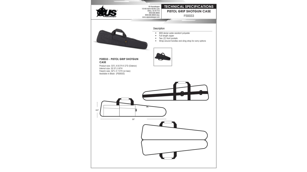 US PeaceKeeper Pistol Grip Shotgun Case - Black 33 x 8.5 x 2, P30033