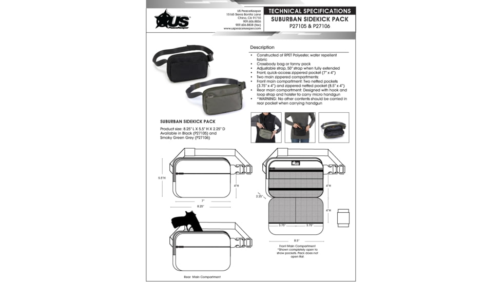 Us Peacekeeper Sidekick Pack Black W/ Pocket For Micro Gun, Black, P27105