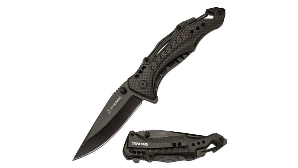 USMC Drop Point Spring Assisted Knife w/Pocket Clip and Bottle Opener, 3.5 in, 3Cr13 Stainless Steel Stainless Steel, Carbon Fiber Pattern, M-A705G2CF