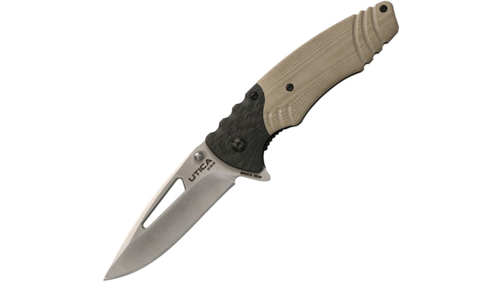 Utica Stealth Dog I Linerlock Folding Knife, 3.25 satin finish 8Cr13MoV stainless blade, Tan G10 handle, 91-1300CP