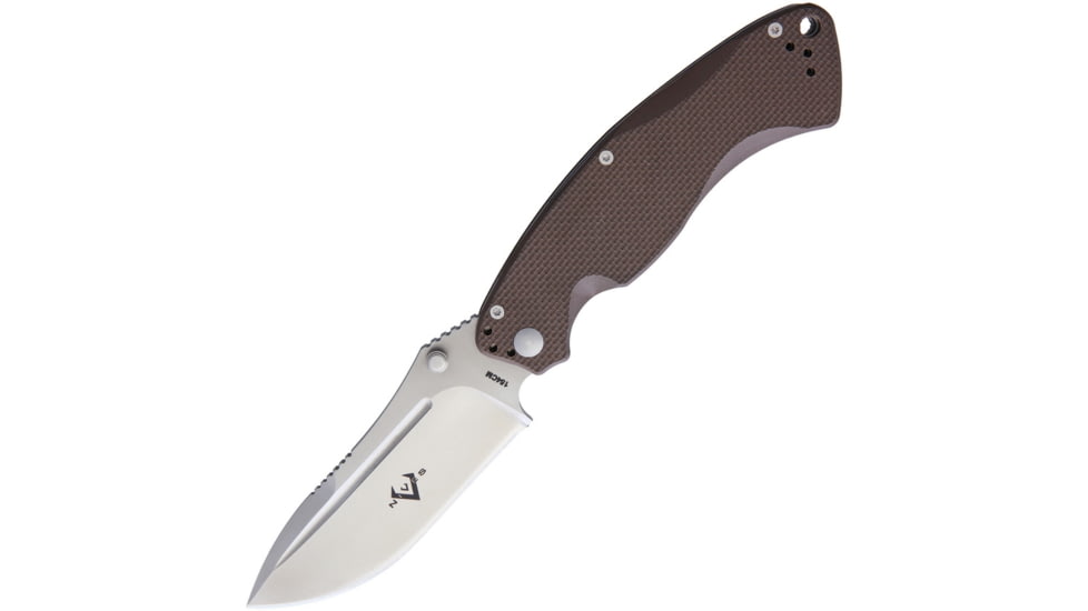 V NIVES Olympian Linerlock Folding Knife, 5in Closed, 3.75in Satin 154Cm SS Blade, Dark Earth Textured G10 Handle, Thumb Stud, Pocket Clip, Black Synthetic Storage Case, V11GPE