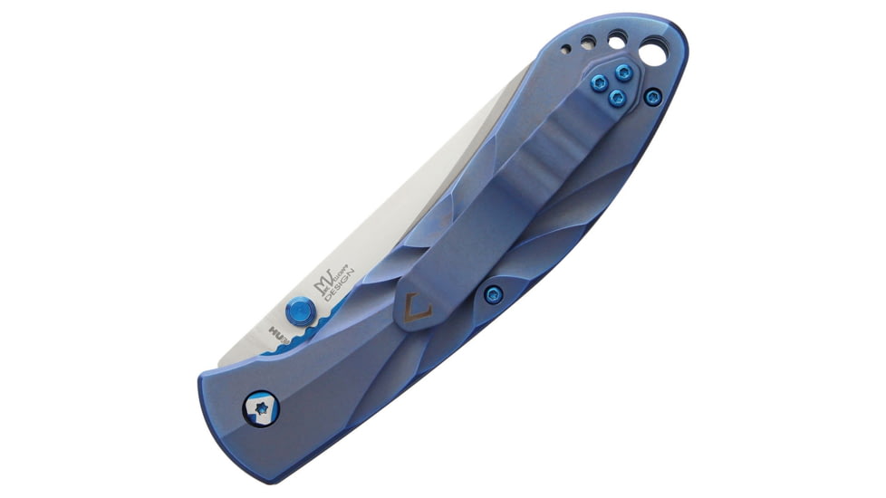 V NIVES Poseidon Linerlock Folding Knife, 4.75in Closed, 3.5in Satin 154Cm SS Blade, Blue Sculpted Titanium Handle, Thumb Stud, Pocket Clip, Storage Case., V04TIPBL